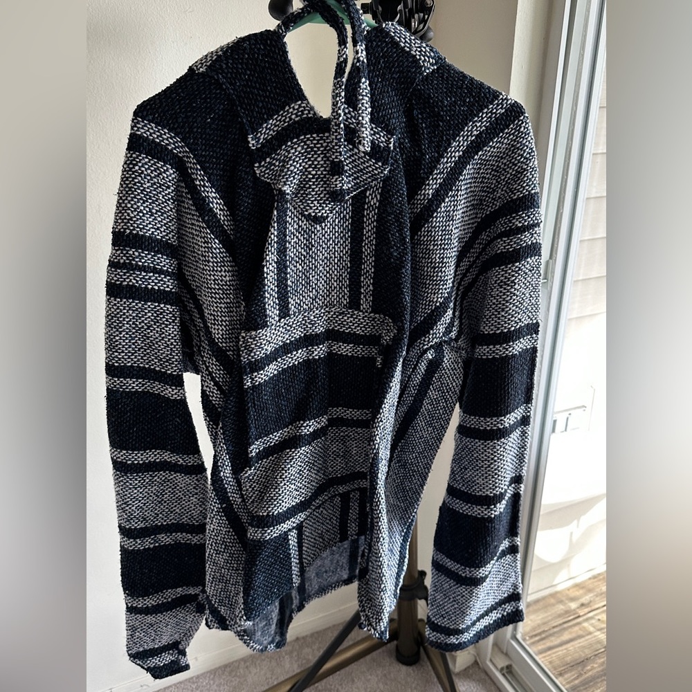 Blue and White Knitted Hoodie